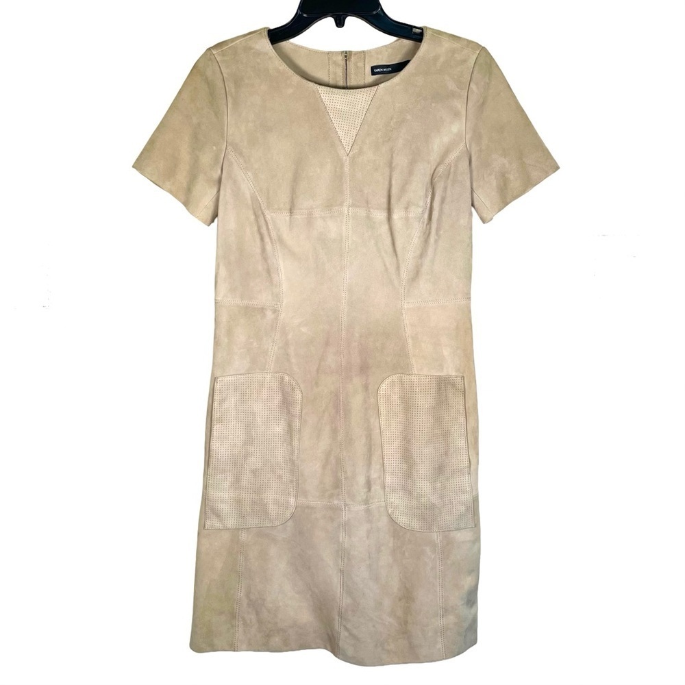 Karen Millen Suede Sheath Dress 6 Beige Tailored Designer - Picture 2 of 10